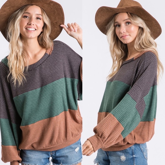 Fall Color Block Waffle Top Slouchy Dolman Top - Picture 2 of 4